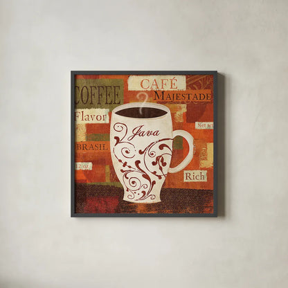 World Flavor I by Veronique Charron. Shown in a sleek black glass frame for a contemporary gallery look. Available as an archival giclee rolled canvas, fine art paper, or poster print. SKU 5848a.