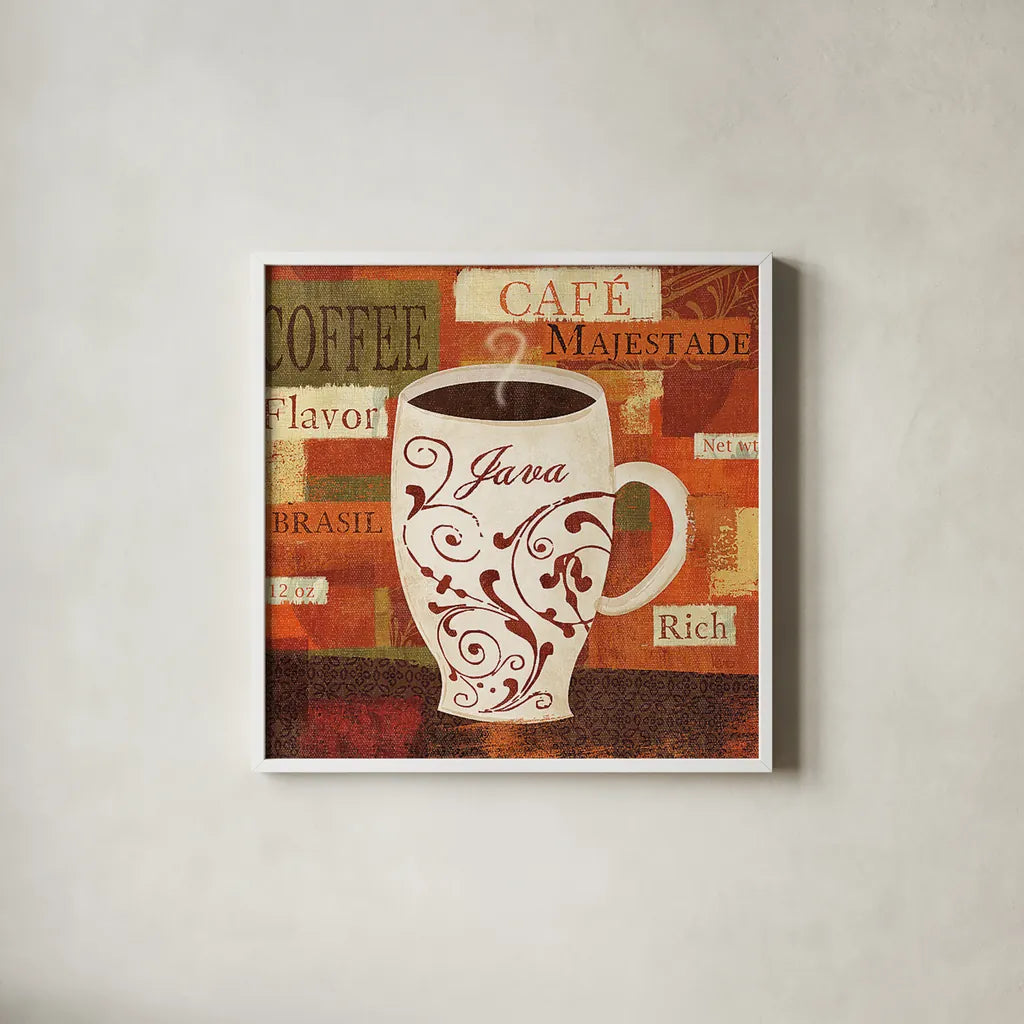 World Flavor I by Veronique Charron. Shown in a crisp white glass frame for a clean and minimalist style. Available as an archival giclee rolled canvas, fine art paper, or poster print. SKU 5848a.