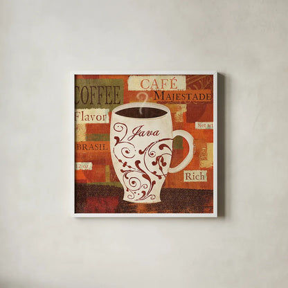 World Flavor I by Veronique Charron. Shown in a crisp white glass frame for a clean and minimalist style. Available as an archival giclee rolled canvas, fine art paper, or poster print. SKU 5848a.