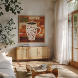 World Flavor I by Veronique Charron. Shown in a natural wood frame in a cozy modern living room. Available as an archival giclee rolled canvas, fine art paper, or poster print. SKU 5848a.
