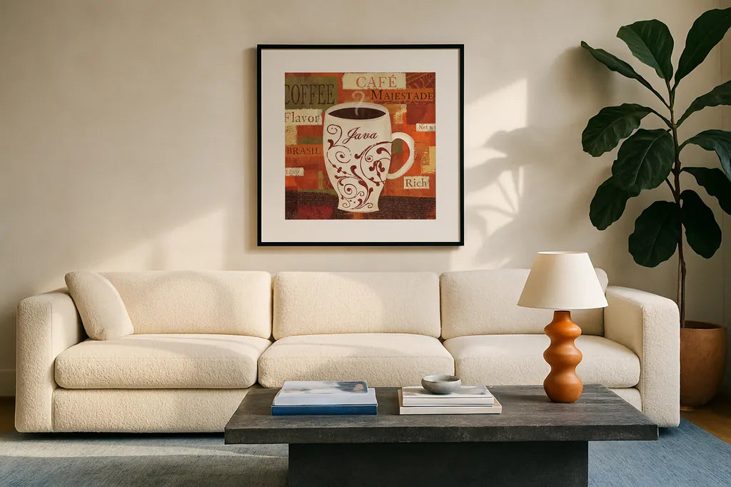 World Flavor I by Veronique Charron. Displayed in a glass frame with matte in a clean modern living room. Available as an archival giclee rolled canvas, fine art paper, or poster print. SKU 5848a.