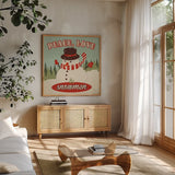 50s Christmas I Square by Wellington Studio. Shown in a natural wood frame in a cozy modern living room. Available as an archival giclee rolled canvas, fine art paper, or poster print. SKU 20194a.