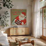 50s Christmas II Square by Wellington Studio. Shown in a natural wood frame in a cozy modern living room. Available as an archival giclee rolled canvas, fine art paper, or poster print. SKU 20195a.