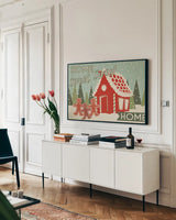 50s Christmas III by Wellington Studio. shown as a framed stretched canvas in a living room above a console. Available as a archival giclee rolled canvas, fine art paper, or poster print. SKU 103666i.