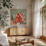 50s Christmas III by Wellington Studio. Shown in a natural wood frame in a cozy modern living room. Available as an archival giclee rolled canvas, fine art paper, or poster print. SKU 20196a.