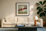 50s Christmas IV Square by Wellington Studio. Displayed in a glass frame with matte in a clean modern living room. Available as an archival giclee rolled canvas, fine art paper, or poster print. SKU 20197a.