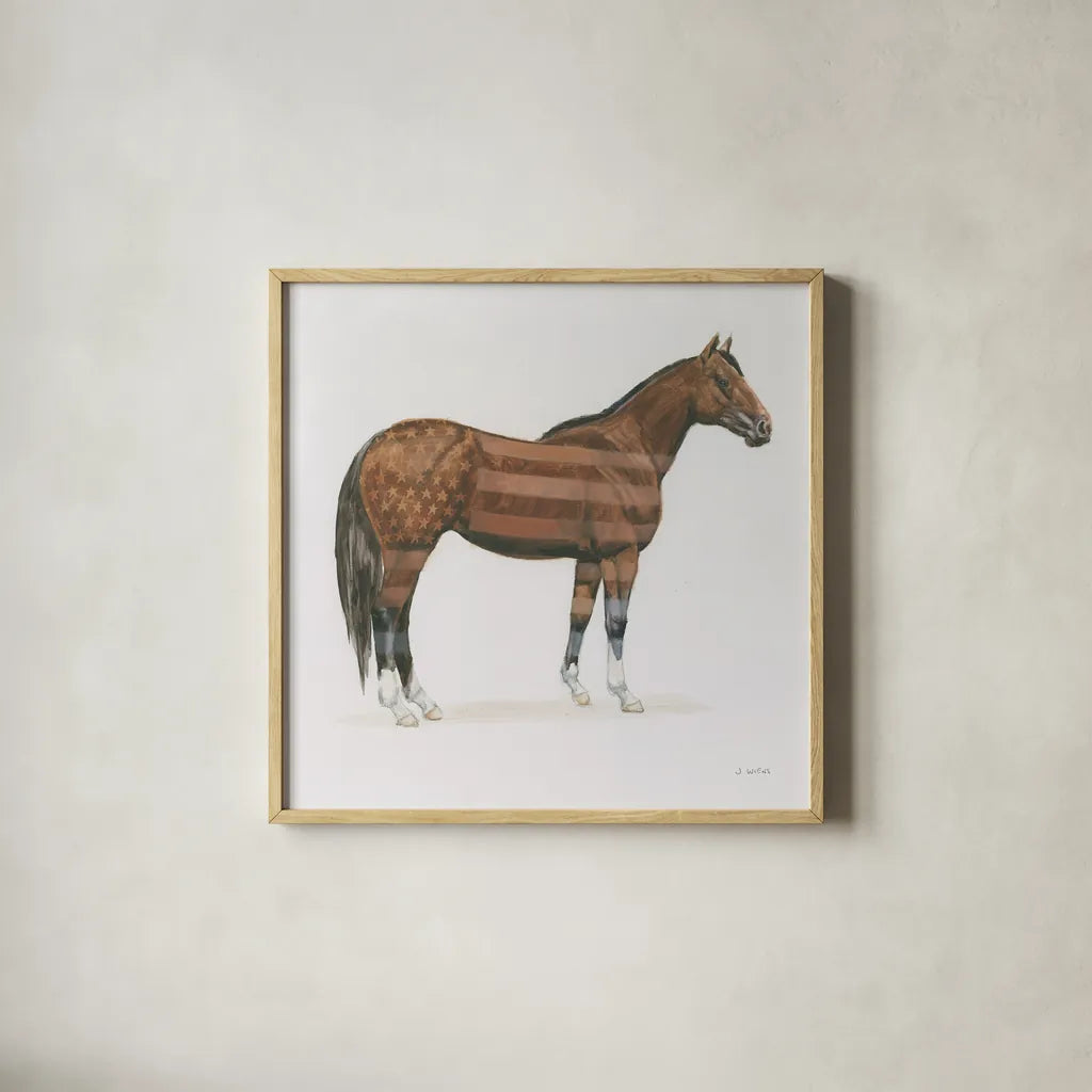 American Horse by Wellington Studio. Shown in a natural wood glass frame for a timeless modern aesthetic. Available as an archival giclee rolled canvas, fine art paper, or poster print. SKU 83836a.
