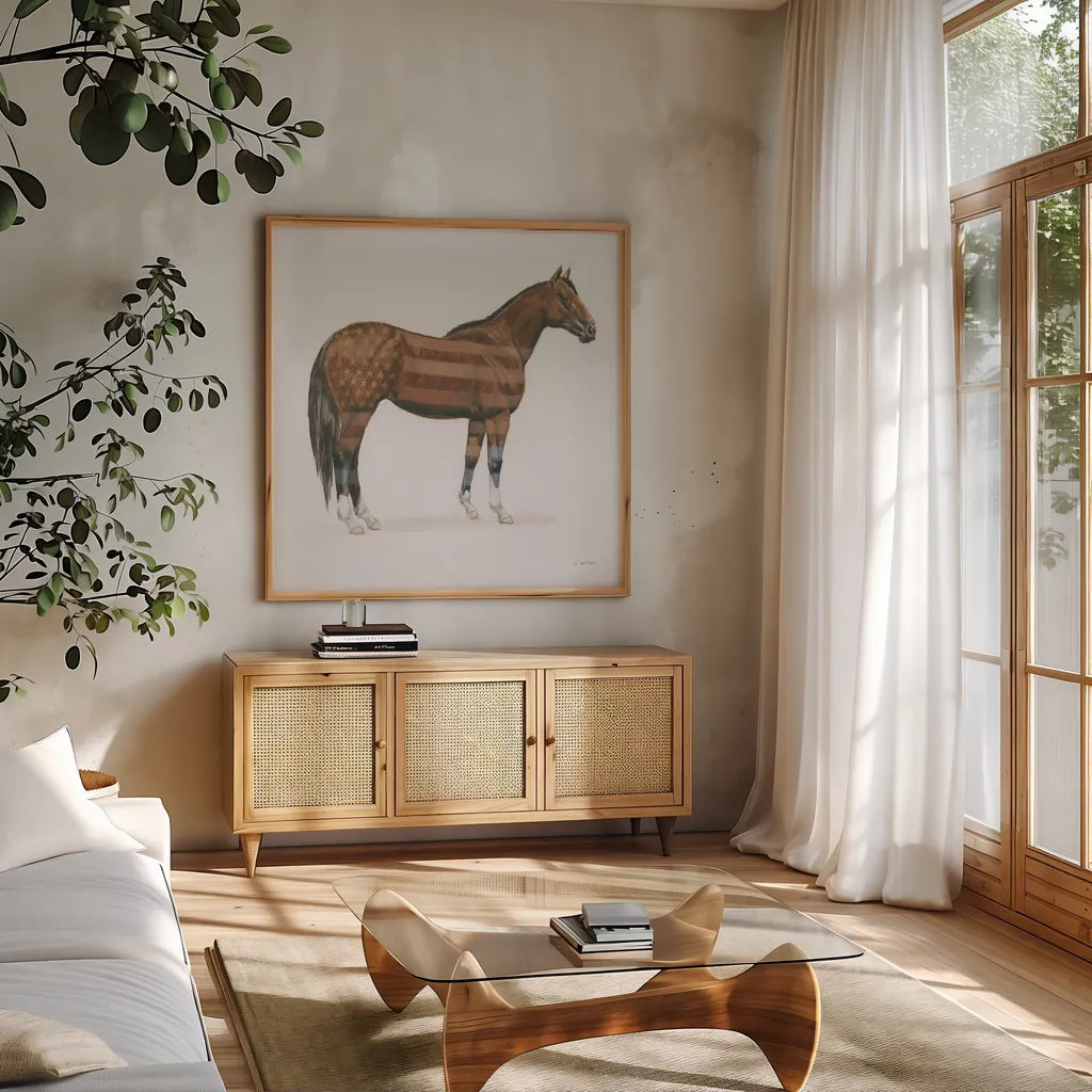 American Horse by Wellington Studio. Shown in a natural wood frame in a cozy modern living room. Available as an archival giclee rolled canvas, fine art paper, or poster print. SKU 83836a.