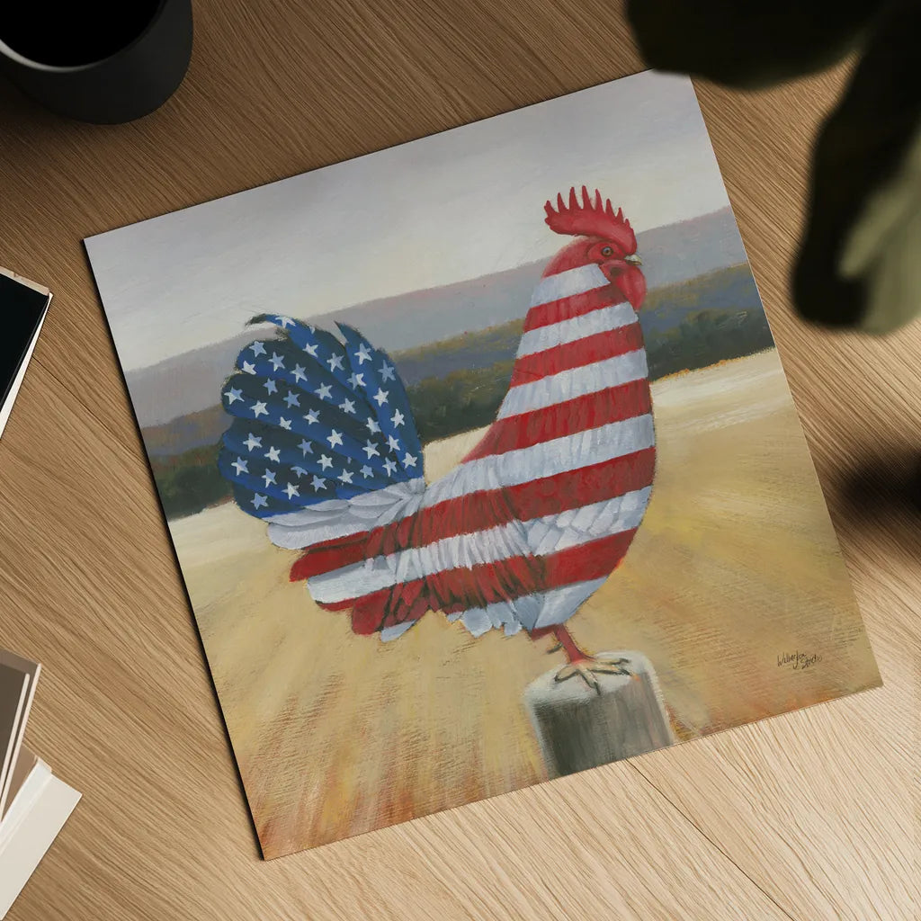 American Rooster by Wellington Studio. Shown as a detailed flat fine art print, highlighting archival giclee quality. Available as an archival giclee rolled canvas, fine art paper, or poster print. SKU 83837a.