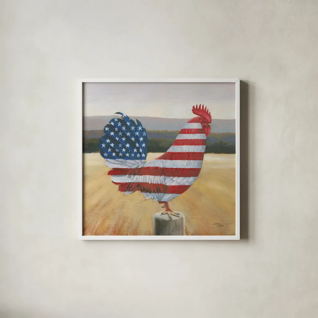 American Rooster by Wellington Studio. Shown in a crisp white glass frame for a clean and minimalist style. Available as an archival giclee rolled canvas, fine art paper, or poster print. SKU 83837a.