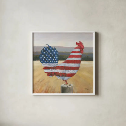 American Rooster by Wellington Studio. Shown in a crisp white glass frame for a clean and minimalist style. Available as an archival giclee rolled canvas, fine art paper, or poster print. SKU 83837a.