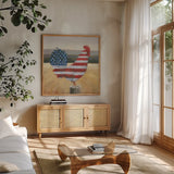 American Rooster by Wellington Studio. Shown in a natural wood frame in a cozy modern living room. Available as an archival giclee rolled canvas, fine art paper, or poster print. SKU 83837a.