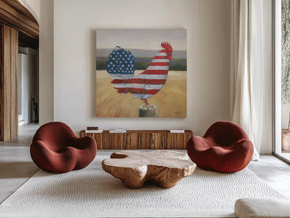 American Rooster by Wellington Studio. Shown as extra-large giant wall art in a modern living room. Available as an archival giclee rolled canvas, fine art paper, or poster print. SKU 83837a.
