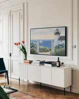 Beach Dreams by Wellington Studio. shown as a framed stretched canvas in a living room above a console. Available as a archival giclee rolled canvas, fine art paper, or poster print. SKU 97131i.