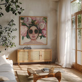 Beautiful Bouquet Sq by Wellington Studio. Shown in a natural wood frame in a cozy modern living room. Available as an archival giclee rolled canvas, fine art paper, or poster print. SKU 99864a.