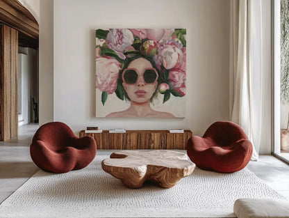 Beautiful Bouquet Sq by Wellington Studio. Shown as extra-large giant wall art in a modern living room. Available as an archival giclee rolled canvas, fine art paper, or poster print. SKU 99864a.