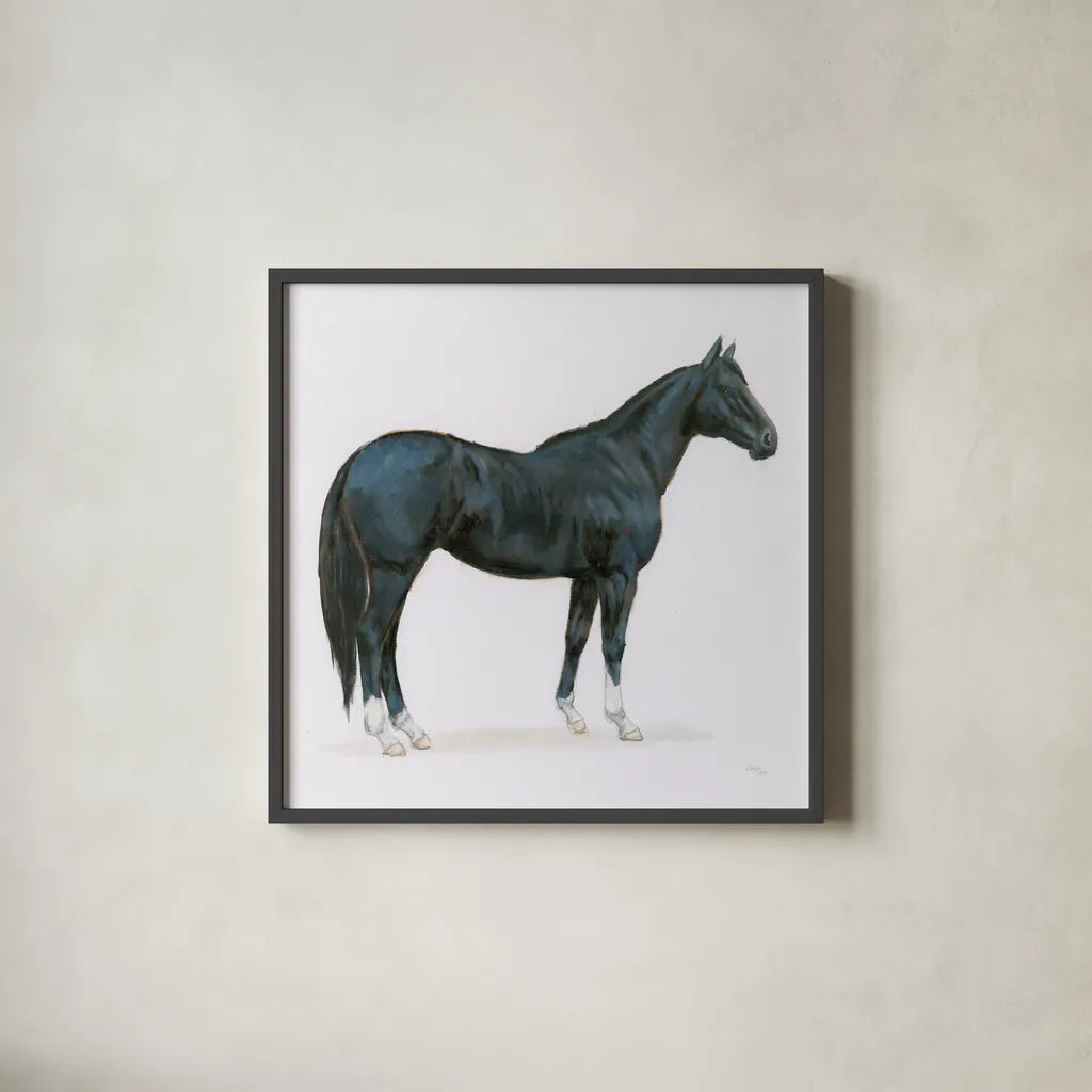 Black Horse by Wellington Studio. Shown in a sleek black glass frame for a contemporary gallery look. Available as an archival giclee rolled canvas, fine art paper, or poster print. SKU 89906a.