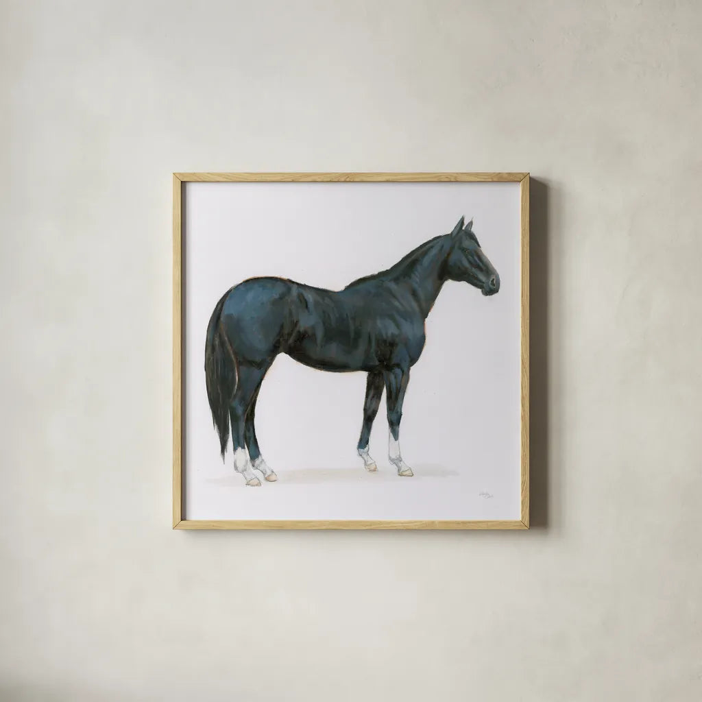 Black Horse by Wellington Studio. Shown in a natural wood glass frame for a timeless modern aesthetic. Available as an archival giclee rolled canvas, fine art paper, or poster print. SKU 89906a.