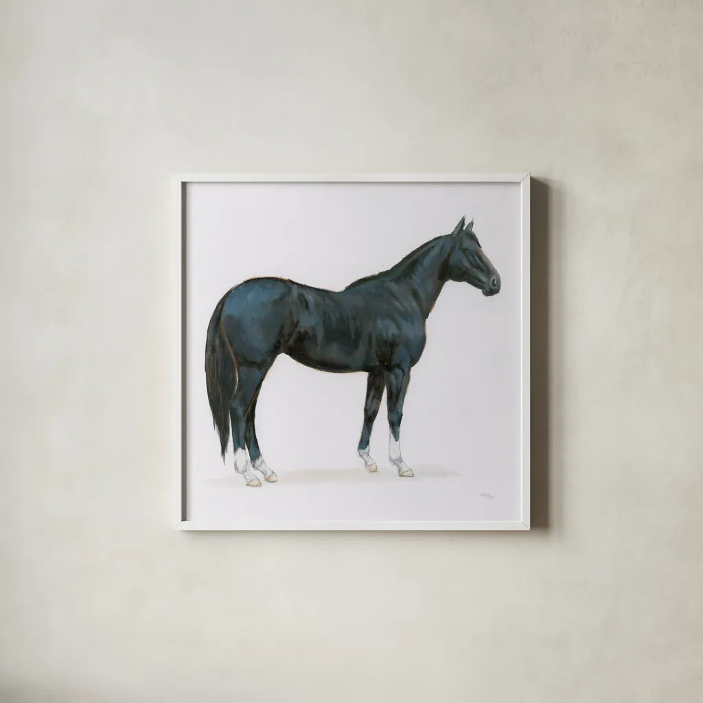 Black Horse by Wellington Studio. Shown in a crisp white glass frame for a clean and minimalist style. Available as an archival giclee rolled canvas, fine art paper, or poster print. SKU 89906a.