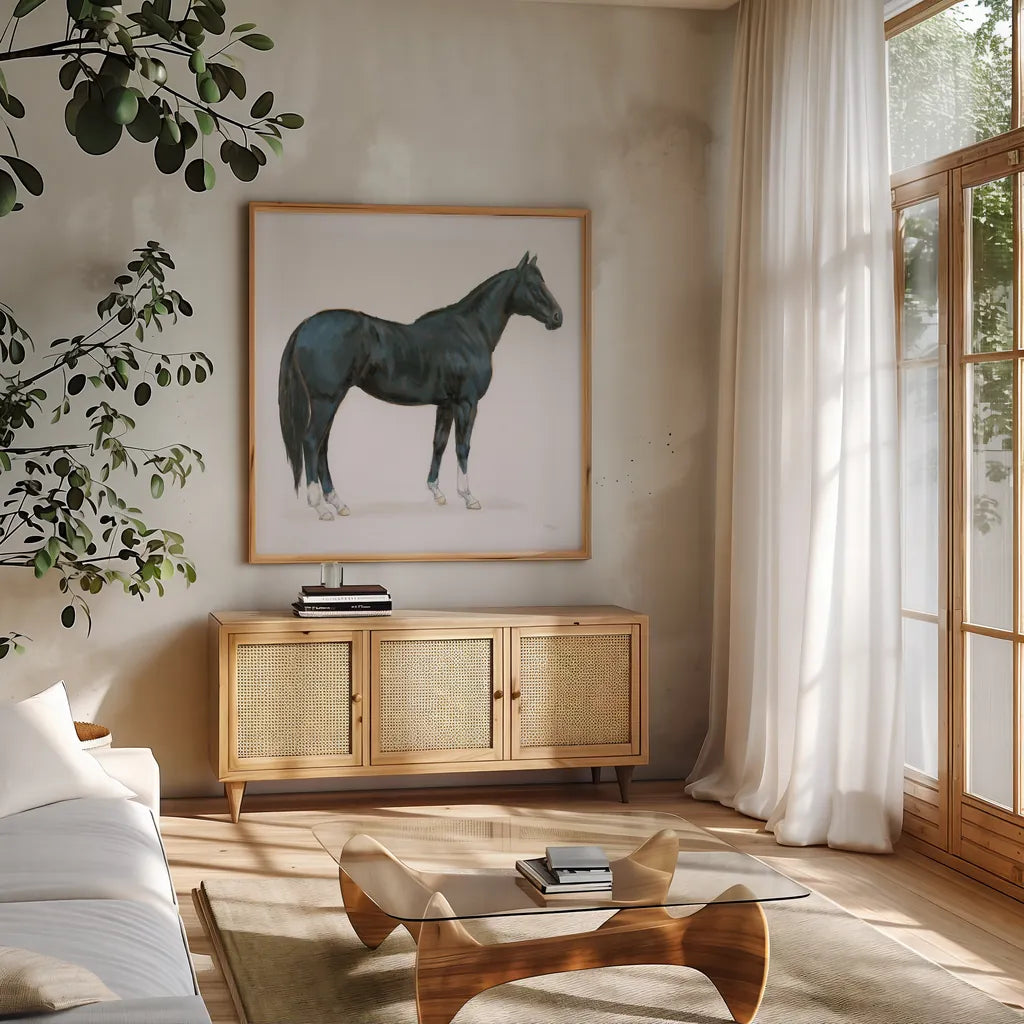 Black Horse by Wellington Studio. Shown in a natural wood frame in a cozy modern living room. Available as an archival giclee rolled canvas, fine art paper, or poster print. SKU 89906a.