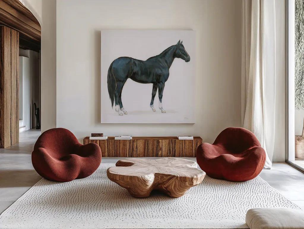 Black Horse by Wellington Studio. Shown as extra-large giant wall art in a modern living room. Available as an archival giclee rolled canvas, fine art paper, or poster print. SKU 89906a.