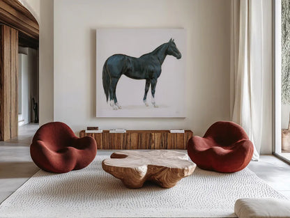 Black Horse by Wellington Studio. Shown as extra-large giant wall art in a modern living room. Available as an archival giclee rolled canvas, fine art paper, or poster print. SKU 89906a.