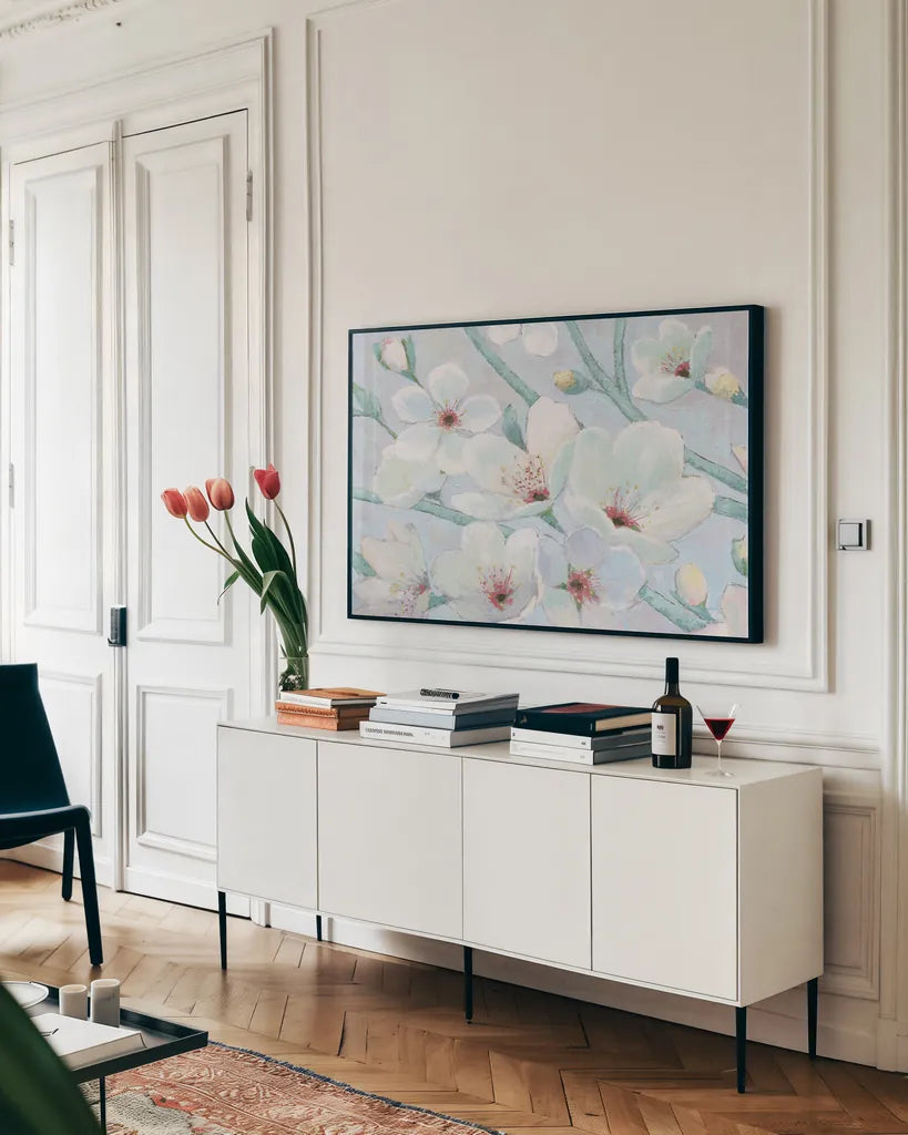 Blossom Time II by Wellington Studio. shown as a framed stretched canvas in a living room above a console. Available as a archival giclee rolled canvas, fine art paper, or poster print. SKU 89203i.