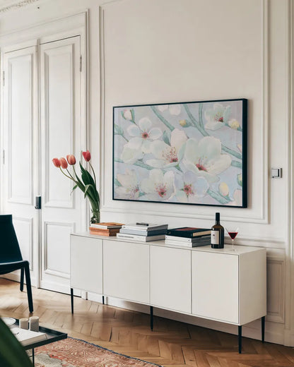 Blossom Time II by Wellington Studio. shown as a framed stretched canvas in a living room above a console. Available as a archival giclee rolled canvas, fine art paper, or poster print. SKU 89203i.