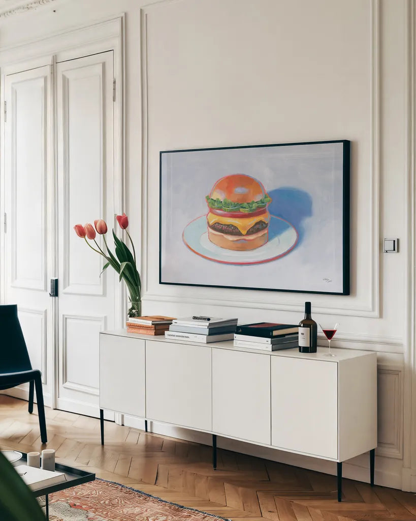 Burger by Wellington Studio. shown as a framed stretched canvas in a living room above a console. Available as a archival giclee rolled canvas, fine art paper, or poster print. SKU 90651i.