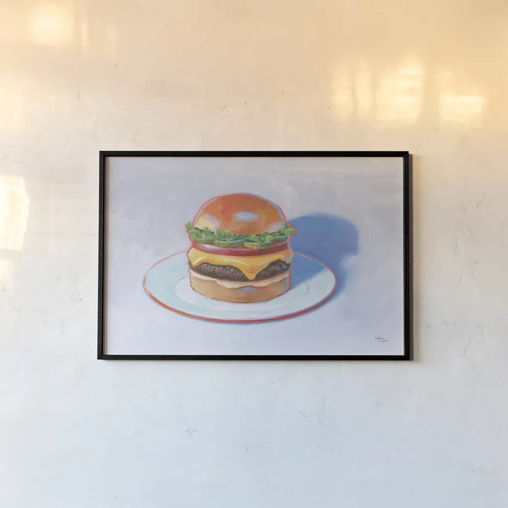 Burger by Wellington Studio. shown as a paper print in a black flame. Available as a archival giclee rolled canvas, fine art paper, or poster print. SKU 90651i.