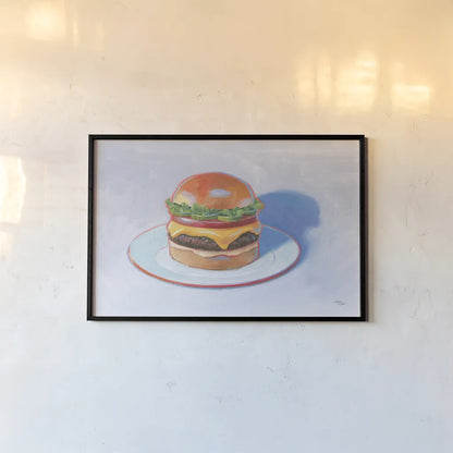 Burger by Wellington Studio. shown as a paper print in a black flame. Available as a archival giclee rolled canvas, fine art paper, or poster print. SKU 90651i.