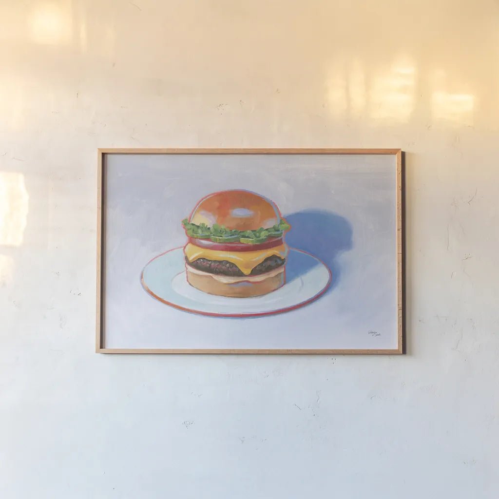Burger by Wellington Studio. shown as a paper print in a natural frame. Available as a archival giclee rolled canvas, fine art paper, or poster print. SKU 90651i.