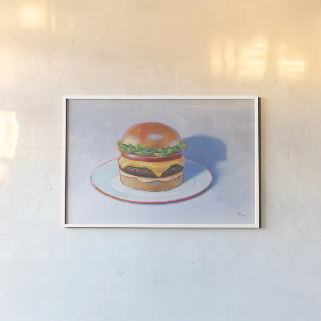 Burger by Wellington Studio. shown as a paper print in a white frame. Available as a archival giclee rolled canvas, fine art paper, or poster print. SKU 90651i.