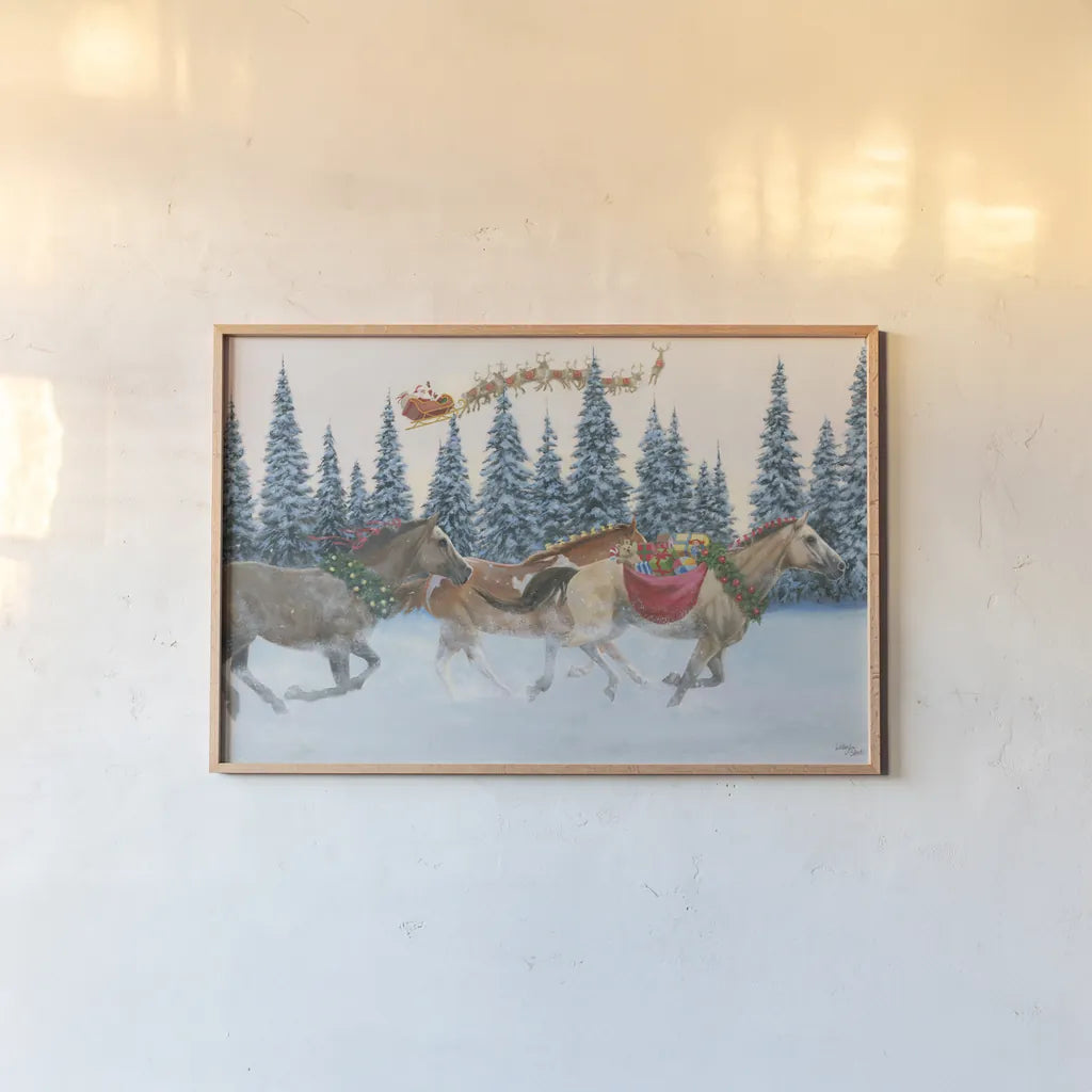 Christmas Mission by Wellington Studio. shown as a paper print in a natural frame. Available as a archival giclee rolled canvas, fine art paper, or poster print. SKU 100667i.