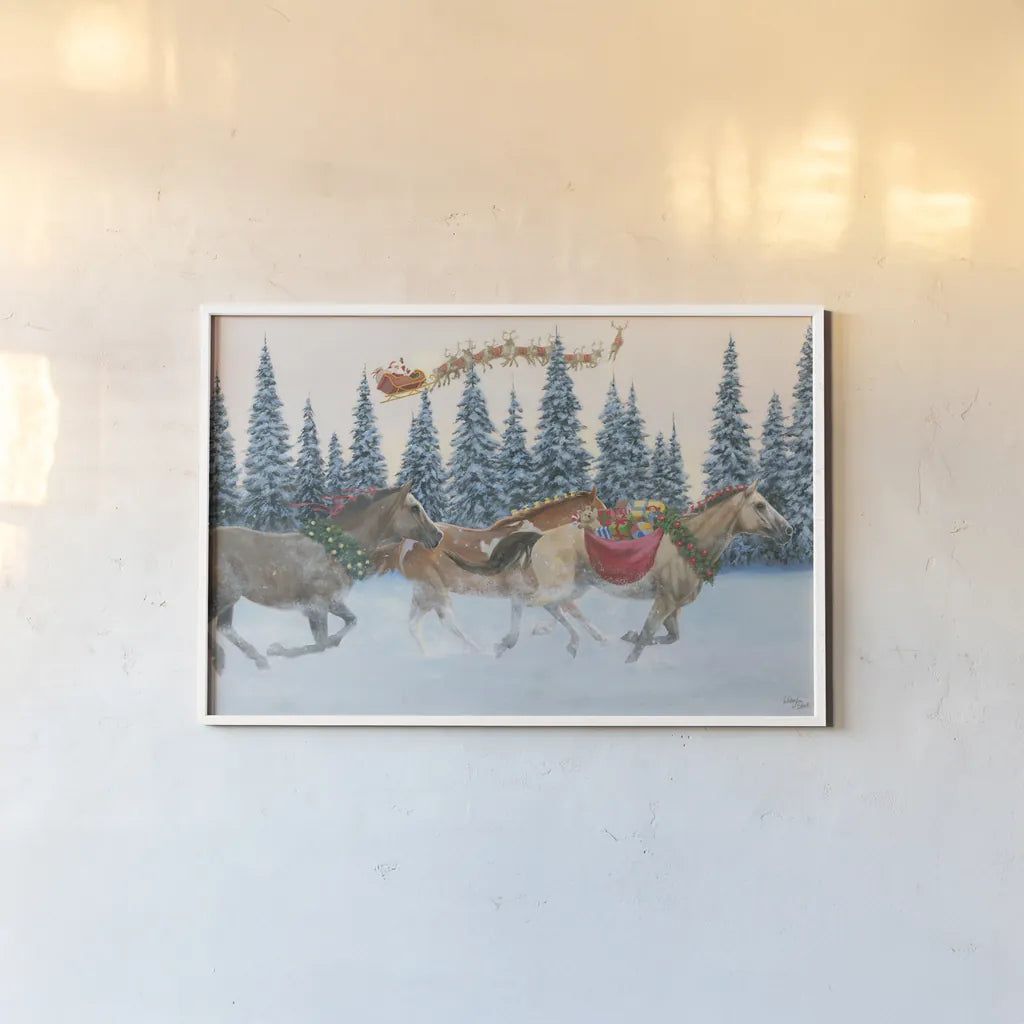Christmas Mission by Wellington Studio. shown as a paper print in a white frame. Available as a archival giclee rolled canvas, fine art paper, or poster print. SKU 100667i.