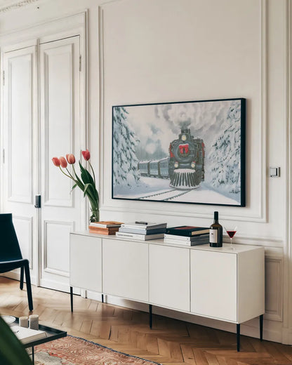Christmas Train by Wellington Studio. shown as a framed stretched canvas in a living room above a console. Available as a archival giclee rolled canvas, fine art paper, or poster print. SKU 82833i.