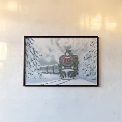Christmas Train by Wellington Studio. shown as a paper print in a black flame. Available as a archival giclee rolled canvas, fine art paper, or poster print. SKU 82833i.