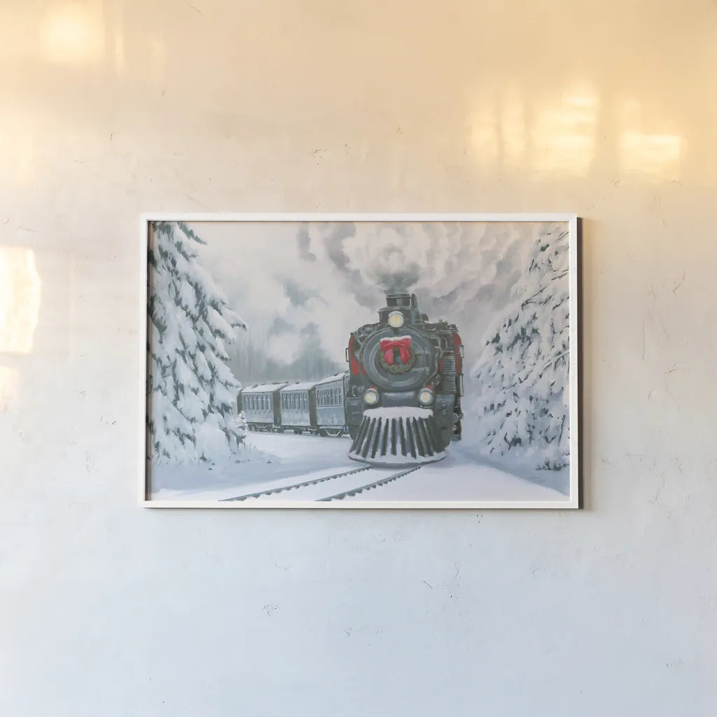 Christmas Train by Wellington Studio. shown as a paper print in a white frame. Available as a archival giclee rolled canvas, fine art paper, or poster print. SKU 82833i.