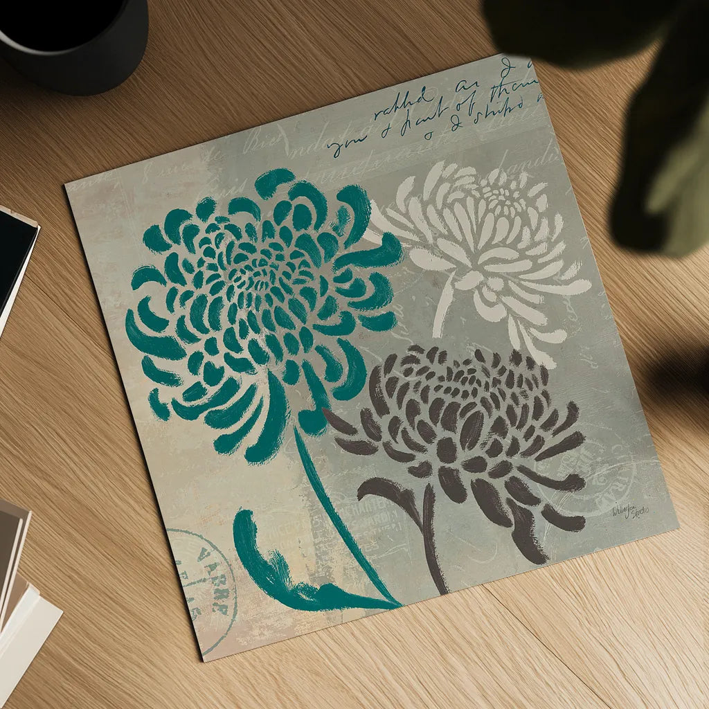 Chrysanthemums I by Wellington Studio. Shown as a detailed flat fine art print, highlighting archival giclee quality. Available as an archival giclee rolled canvas, fine art paper, or poster print. SKU 15963a.