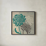 Chrysanthemums I by Wellington Studio. Shown in a sleek black glass frame for a contemporary gallery look. Available as an archival giclee rolled canvas, fine art paper, or poster print. SKU 15963a.