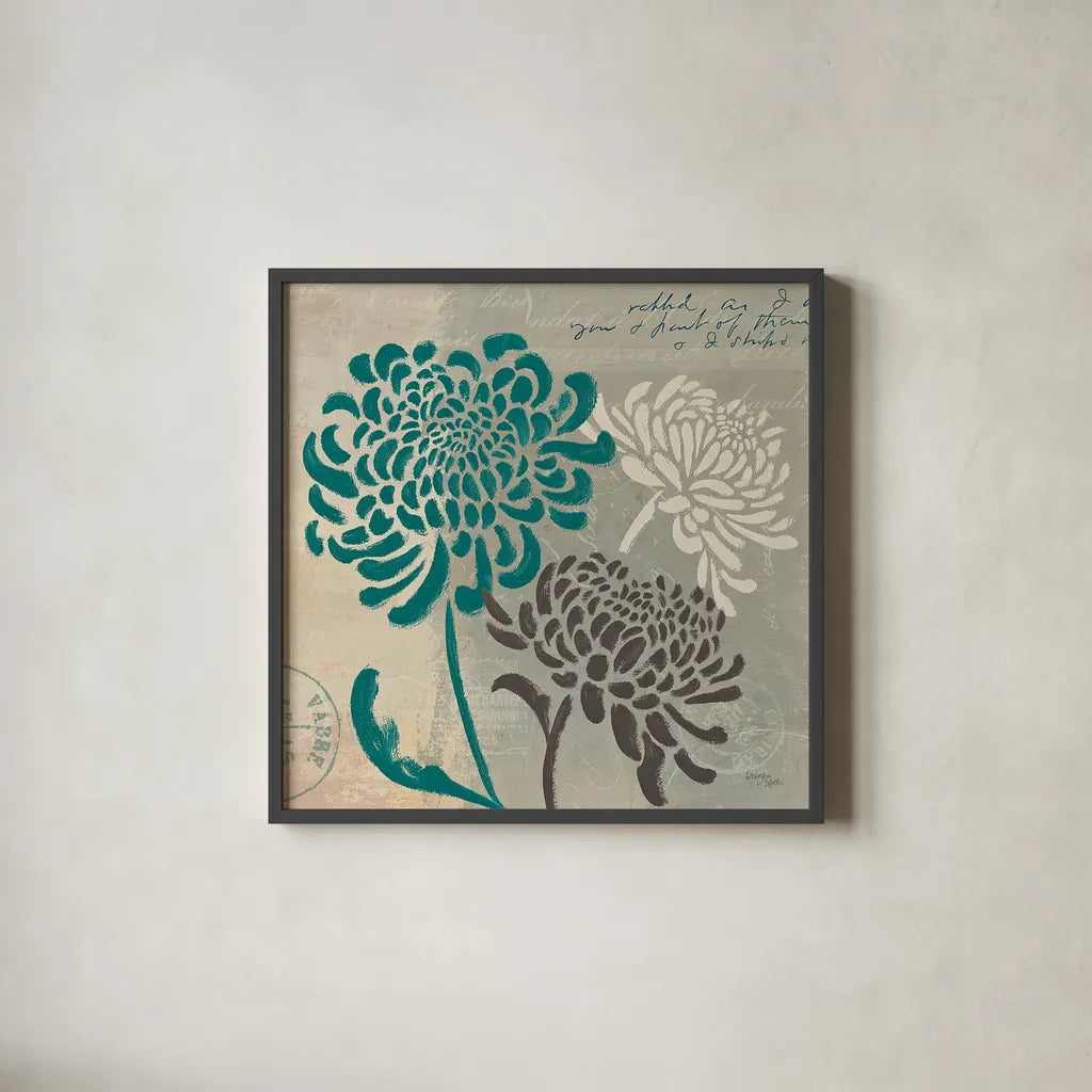 Chrysanthemums I by Wellington Studio. Shown in a sleek black glass frame for a contemporary gallery look. Available as an archival giclee rolled canvas, fine art paper, or poster print. SKU 15963a.