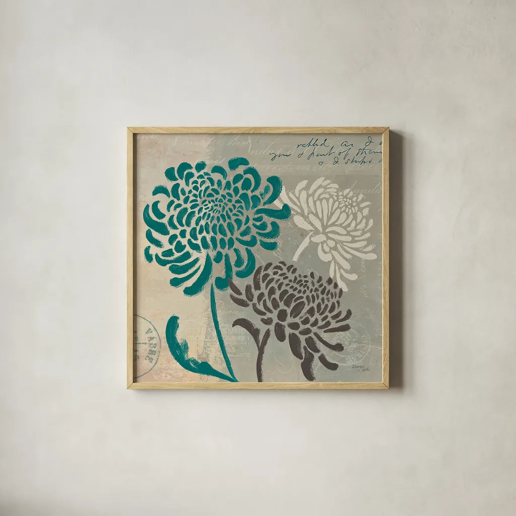 Chrysanthemums I by Wellington Studio. Shown in a natural wood glass frame for a timeless modern aesthetic. Available as an archival giclee rolled canvas, fine art paper, or poster print. SKU 15963a.