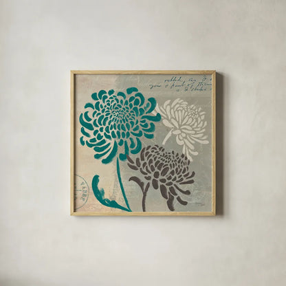 Chrysanthemums I by Wellington Studio. Shown in a natural wood glass frame for a timeless modern aesthetic. Available as an archival giclee rolled canvas, fine art paper, or poster print. SKU 15963a.