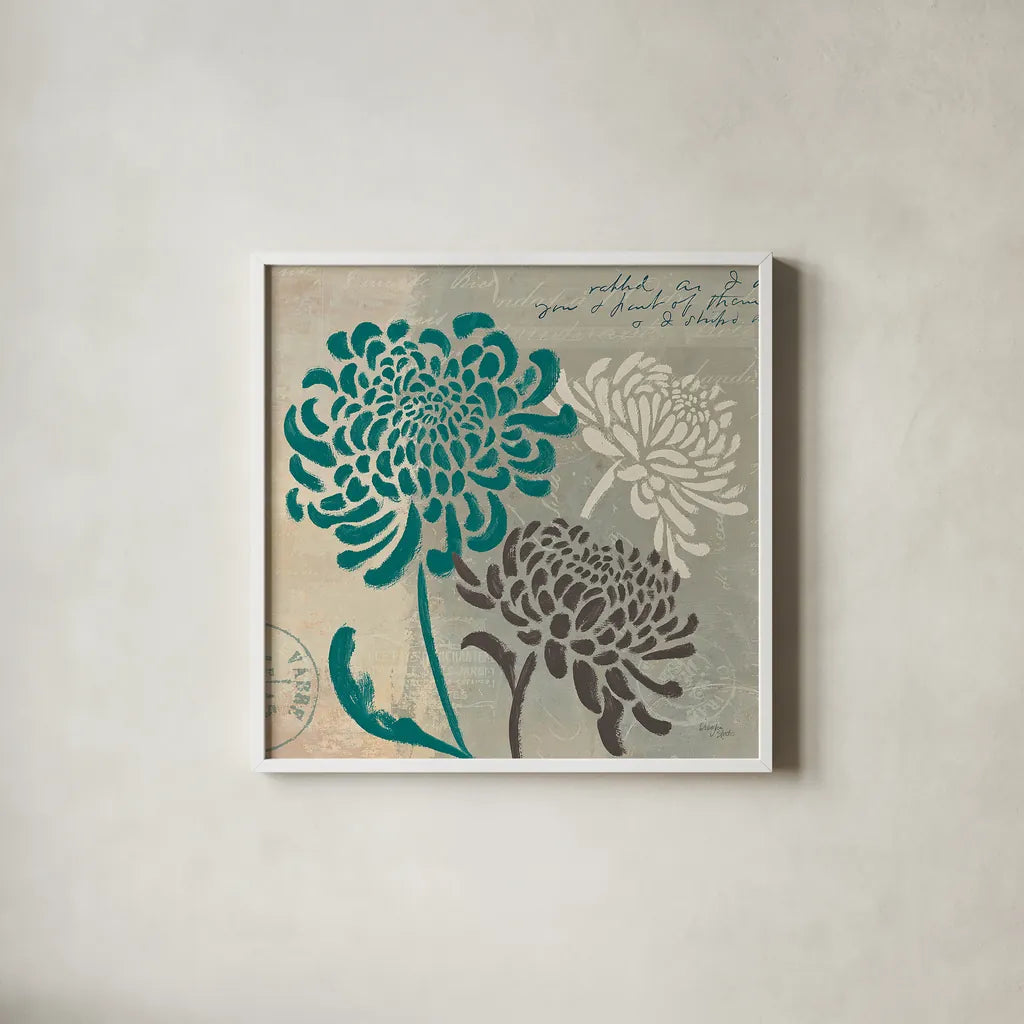 Chrysanthemums I by Wellington Studio. Shown in a crisp white glass frame for a clean and minimalist style. Available as an archival giclee rolled canvas, fine art paper, or poster print. SKU 15963a.