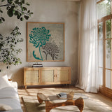 Chrysanthemums I by Wellington Studio. Shown in a natural wood frame in a cozy modern living room. Available as an archival giclee rolled canvas, fine art paper, or poster print. SKU 15963a.