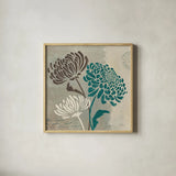 Chrysanthemums II by Wellington Studio. Shown in a natural wood glass frame for a timeless modern aesthetic. Available as an archival giclee rolled canvas, fine art paper, or poster print. SKU 15964a.