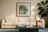 Chrysanthemums II by Wellington Studio. Displayed in a glass frame with matte in a clean modern living room. Available as an archival giclee rolled canvas, fine art paper, or poster print. SKU 15964a.