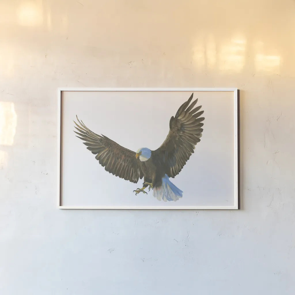 Eagle Landing by Wellington Studio. shown as a paper print in a white frame. Available as a archival giclee rolled canvas, fine art paper, or poster print. SKU 62402i.