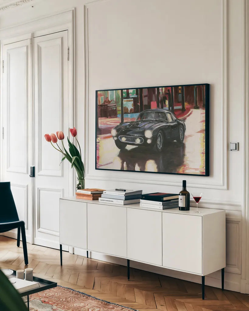 Ferrari by Wellington Studio. shown as a framed stretched canvas in a living room above a console. Available as a archival giclee rolled canvas, fine art paper, or poster print. SKU 100517i.