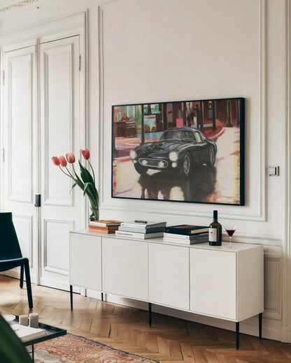 Ferrari by Wellington Studio. shown as a framed stretched canvas in a living room above a console. Available as a archival giclee rolled canvas, fine art paper, or poster print. SKU 100517i.
